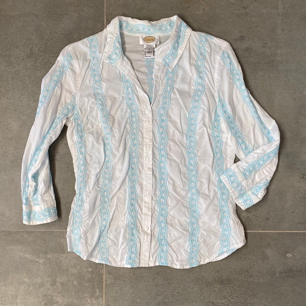 Talbots S Turquoise Embroidered White Button Front 3/4 Sleeve Shirt